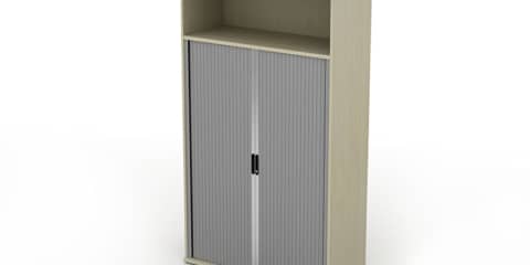 Office storage cupboard with closed doors and wooden effect.