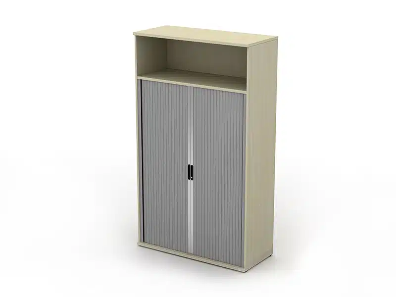 Office storage cupboard with closed doors and wooden effect.