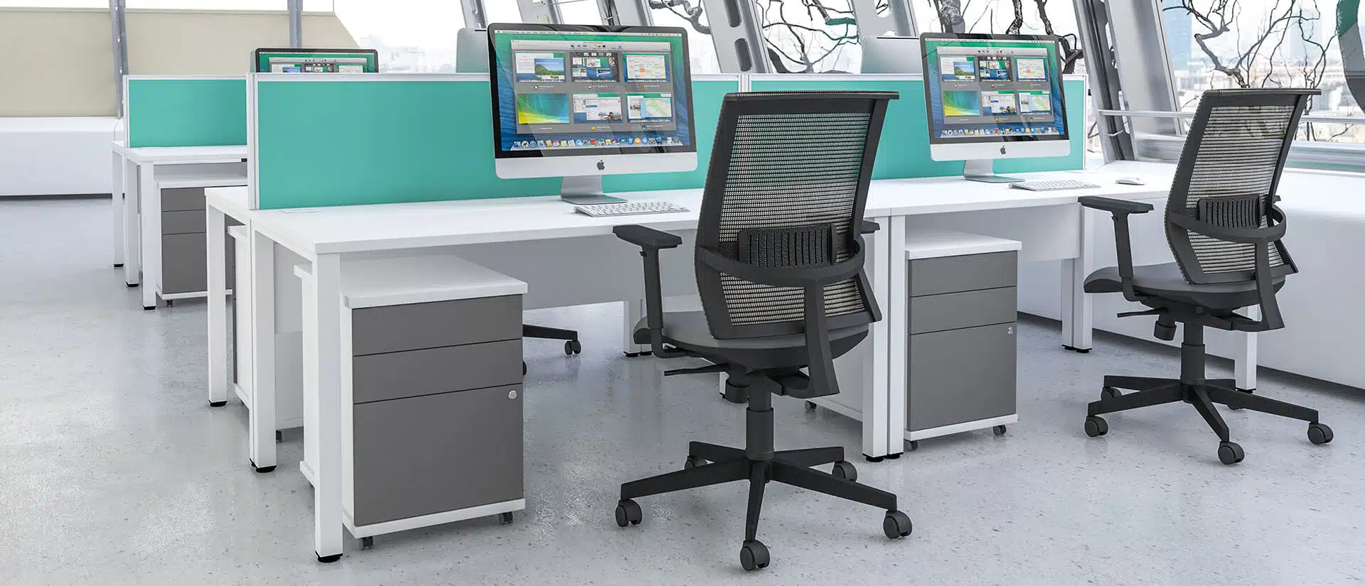 White desk with coral desk dividers and office mesh chairs.