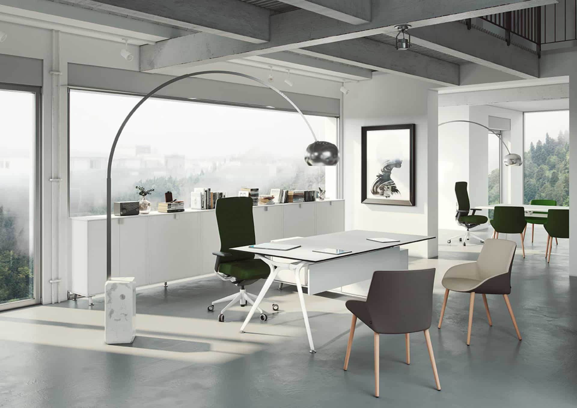 A large white executive table in a spacious room.