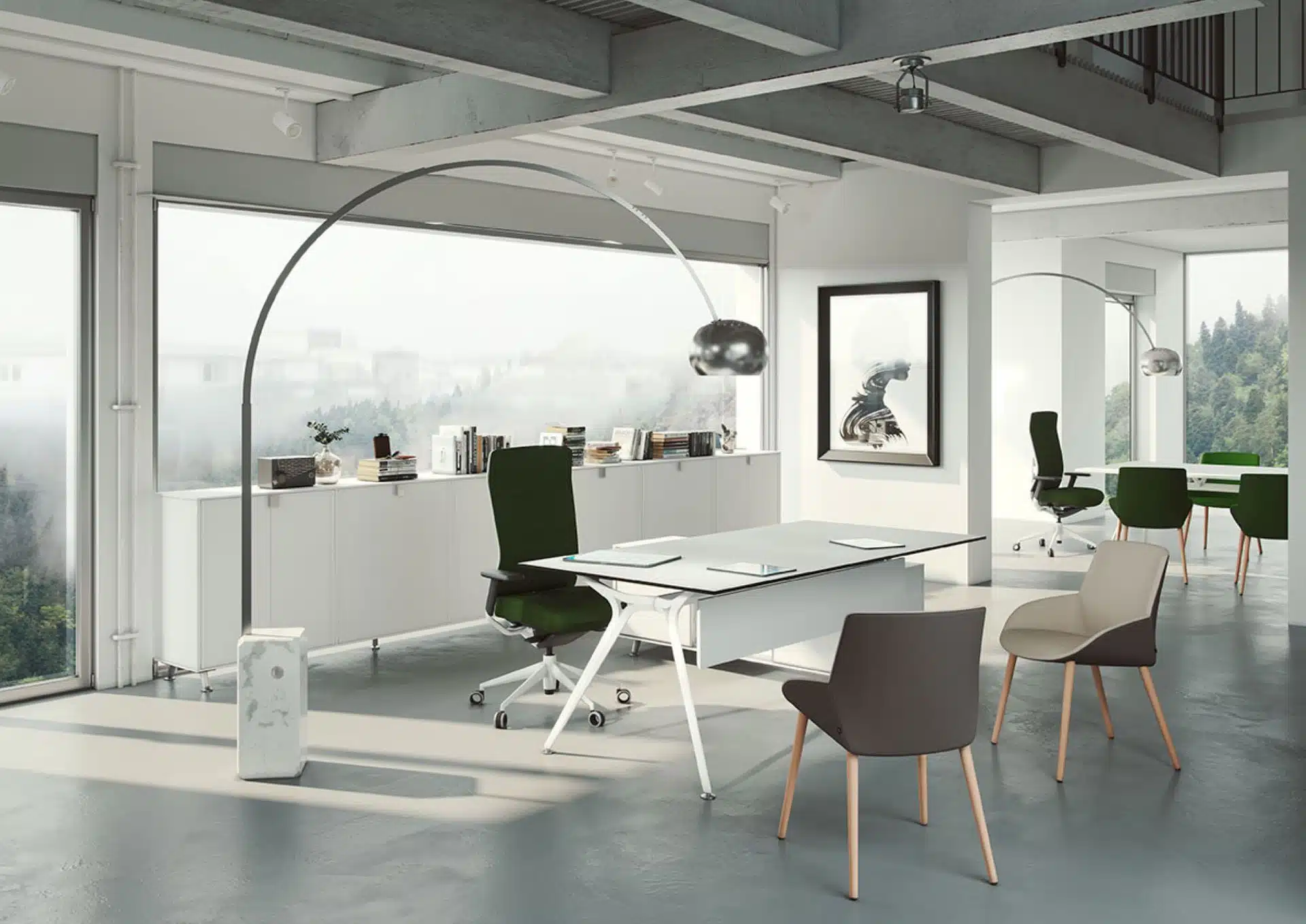 A large white executive table in a spacious room.
