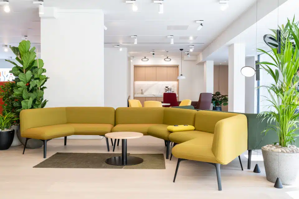 A vibrant yellow modular sofa arranged in a sunlit, modern open-plan office, surrounded by sleek integrated planters with lush green foliage.