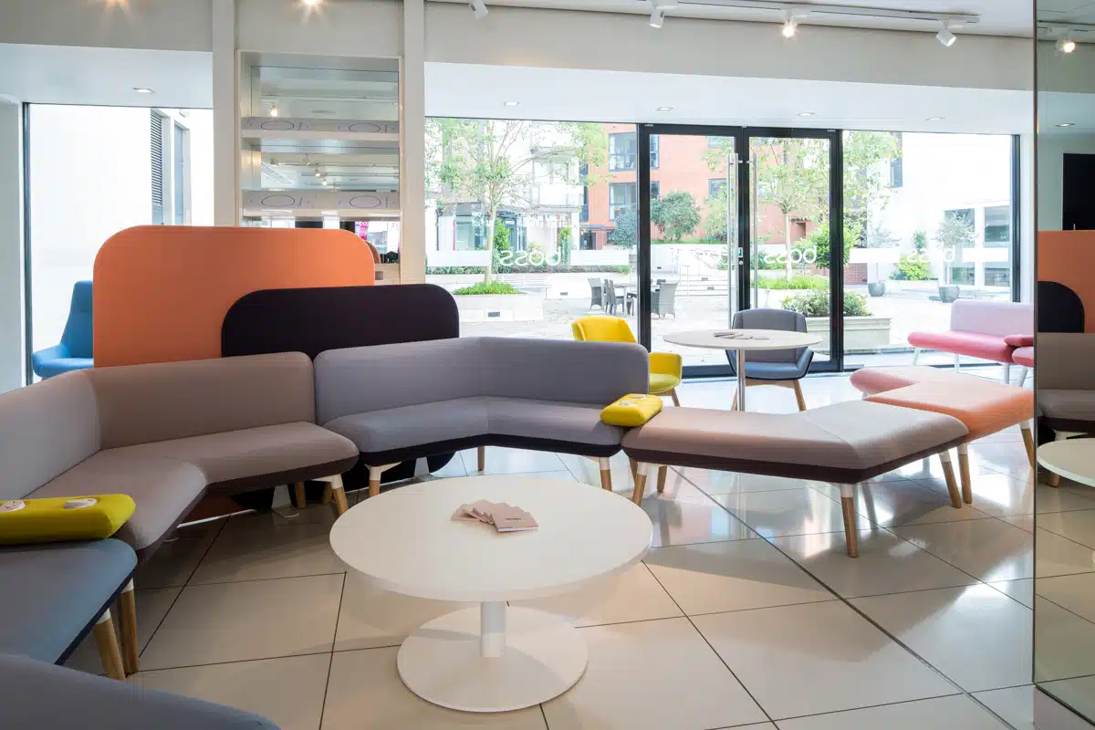Multi colour style modular sofa in a showroom.