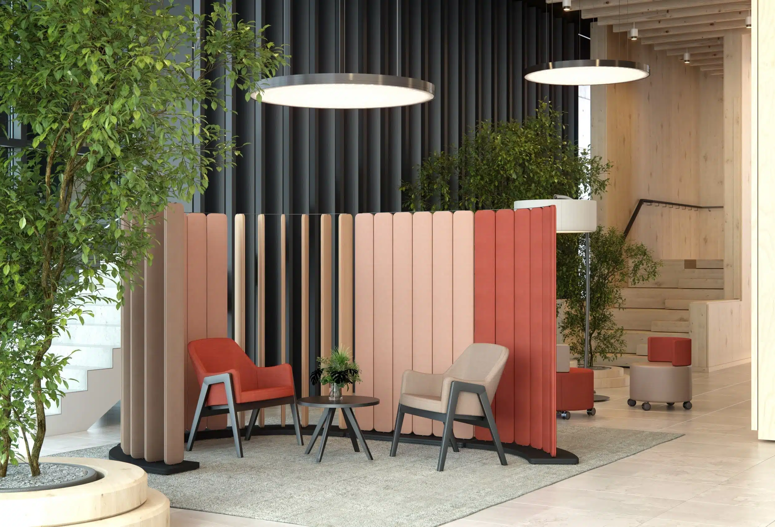 Colorful acoustic screens placed in the office.