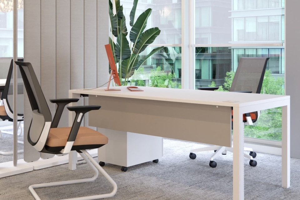 White curved acoustic hive screens in an open and bright office.