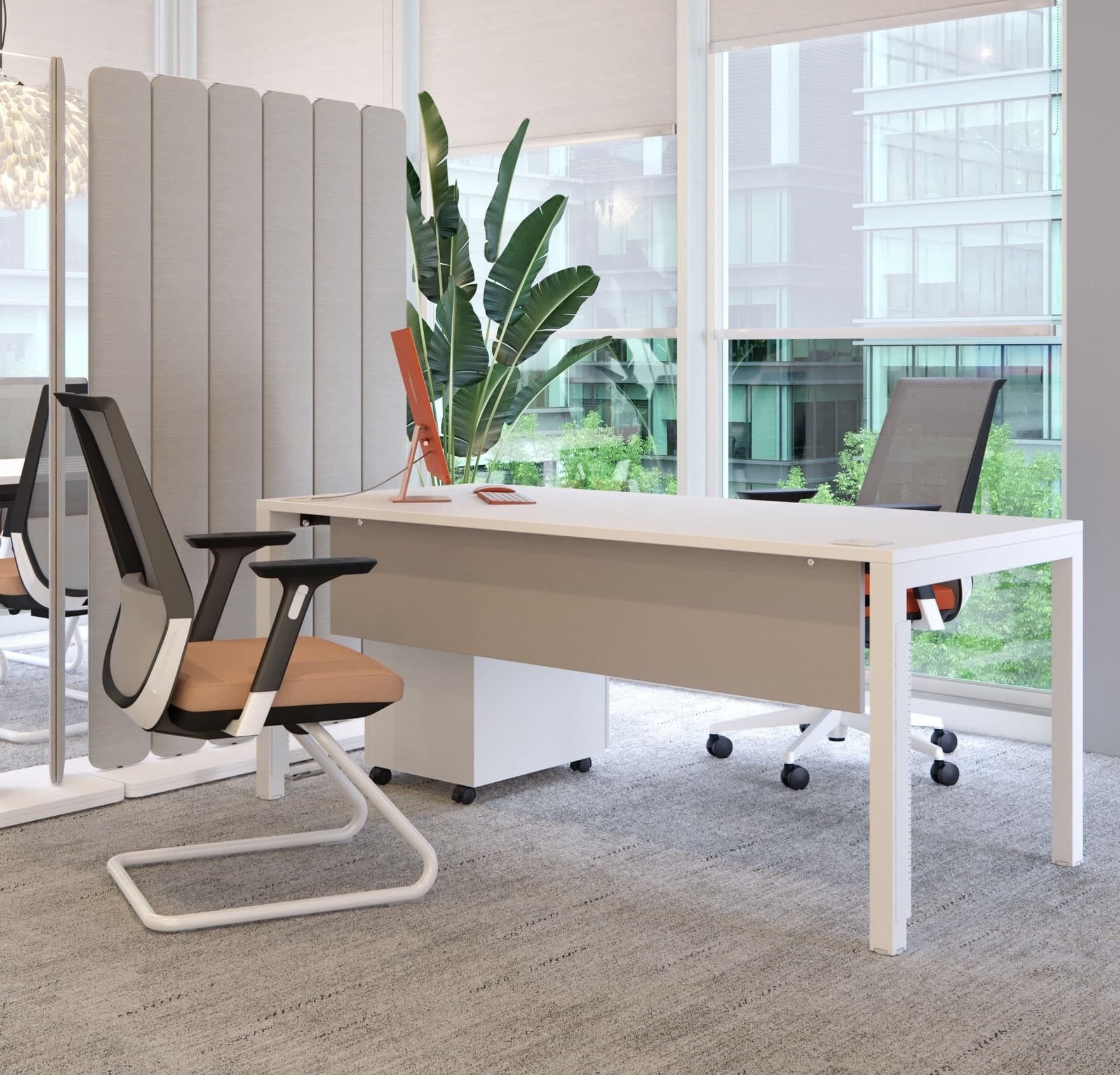 White curved acoustic hive screens in an open and bright office.