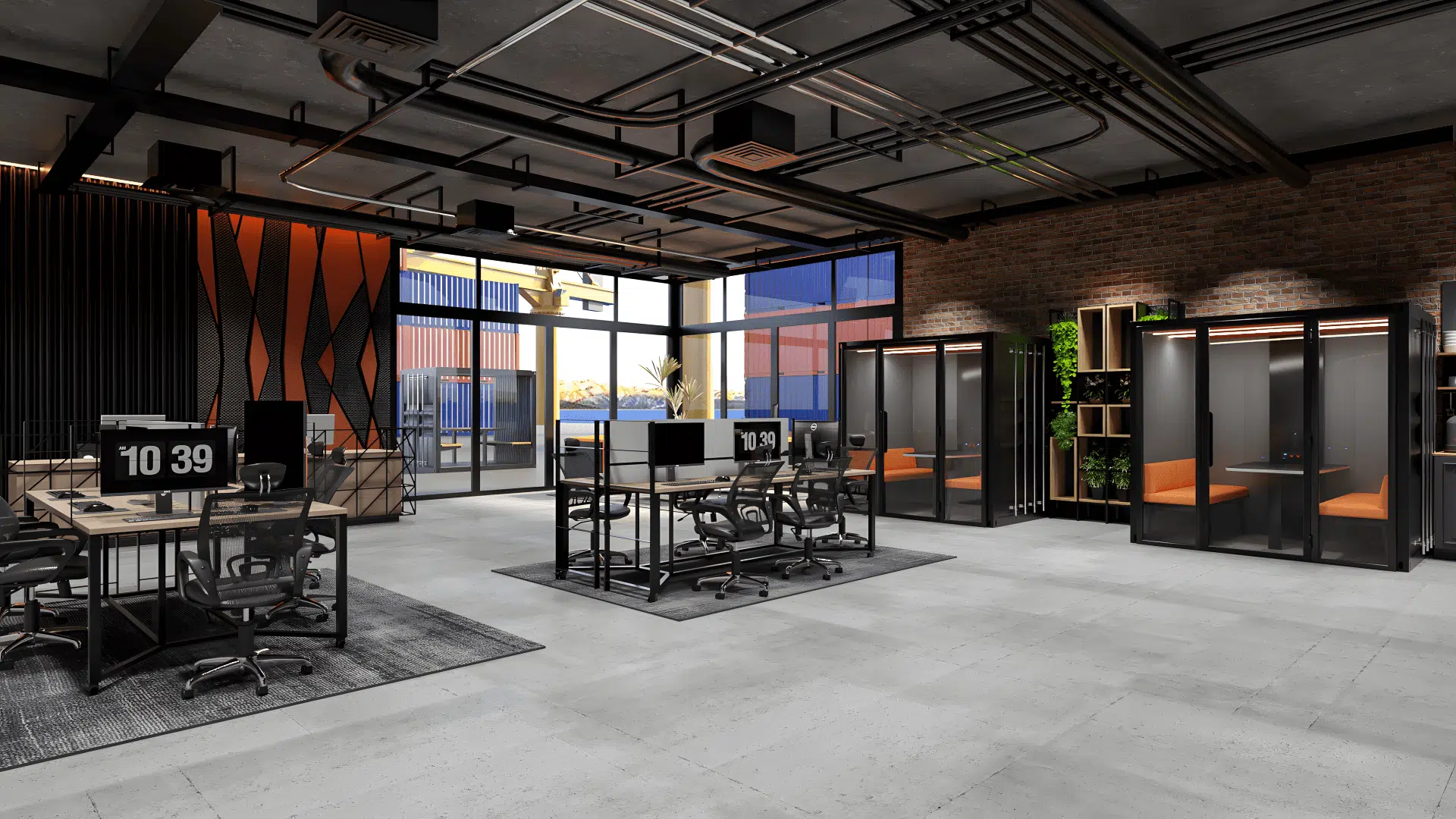 A large container placed in an industrial office space.