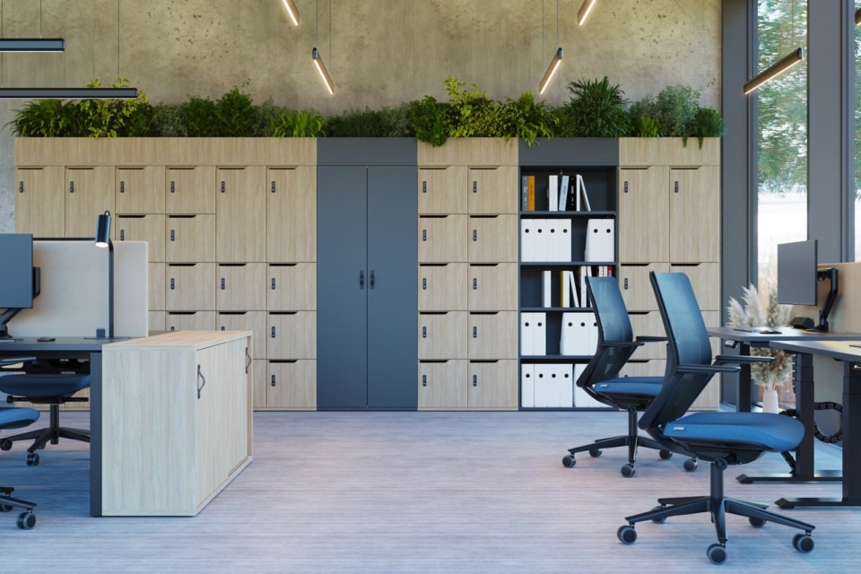 Modular storage lockers office with desks and chairs.