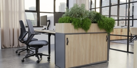 Wooden style storage with planters in an open office.