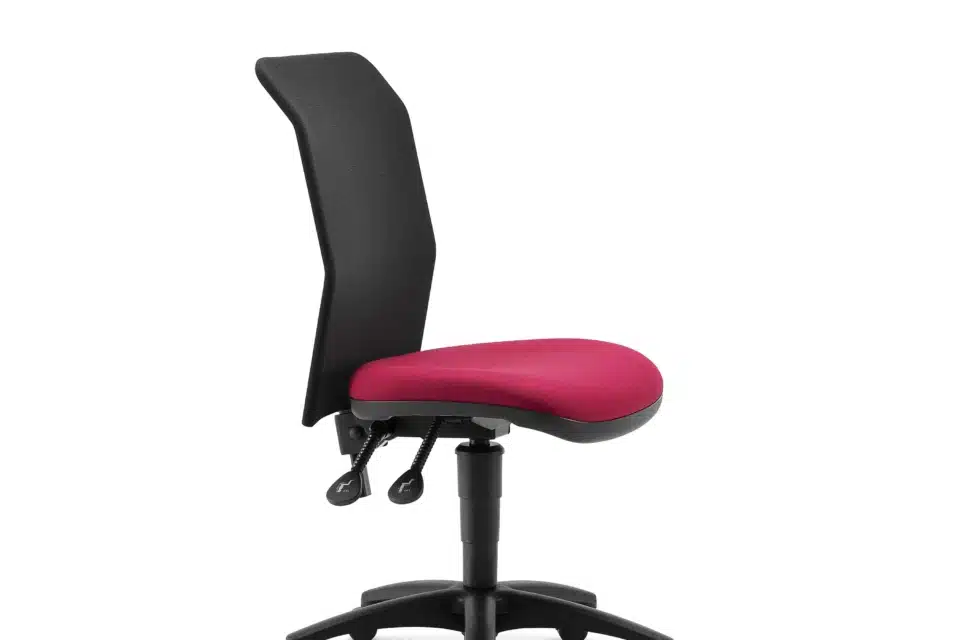 A black mesh chair without arms on a pink seat with white background.