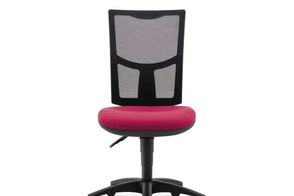 A black mesh chair without arms on a pink seat with white background.