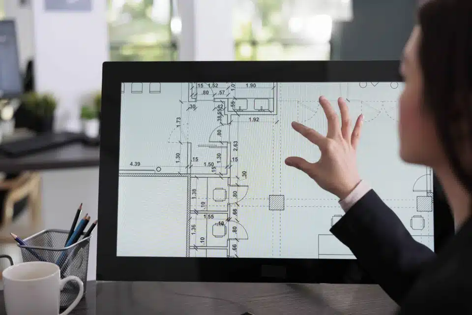 A female office furniture professional is diligently working on a room floor plan. The image shows her seated on the floor, surrounded by architectural drawings, a tape measure, and a laptop. The focus is on her meticulous work, illustrating the detailed and hands-on process of creating a professional room layout for a new office space.