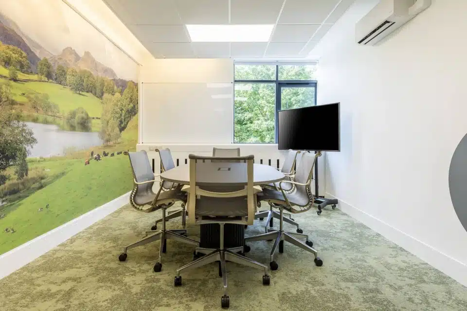 Ergonomic chairs, a boardroom table, and a nature image.