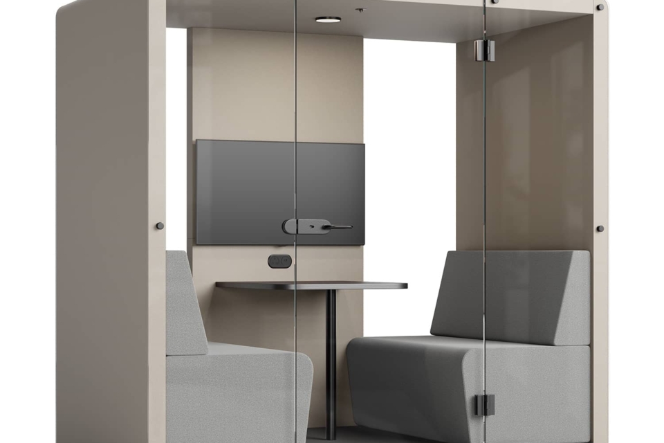 Cappuccino-colored booth in a matching room.