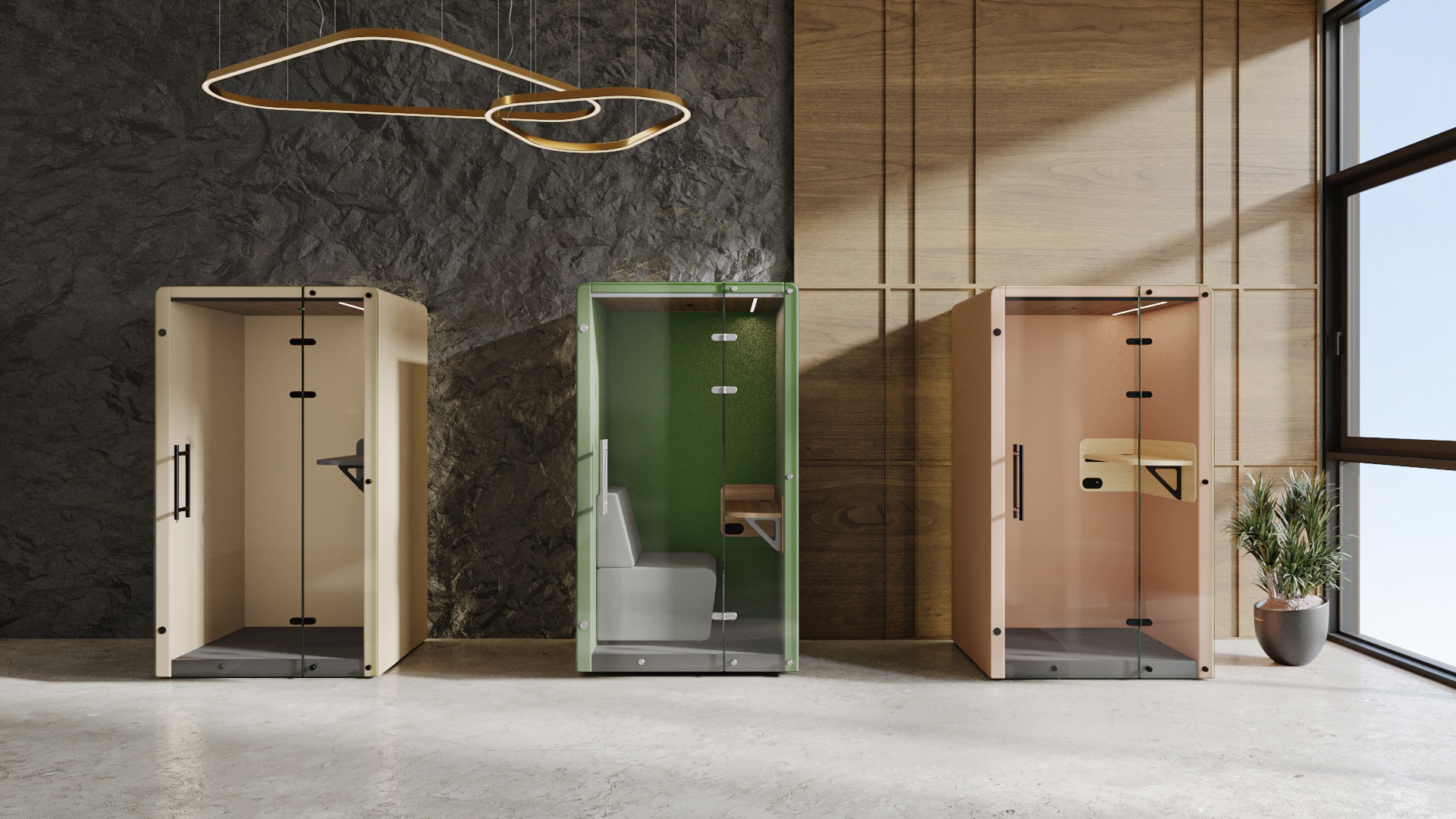 Three colored booths, one yellow, one green, and one orange, are arranged in a row in a lifestyle image.