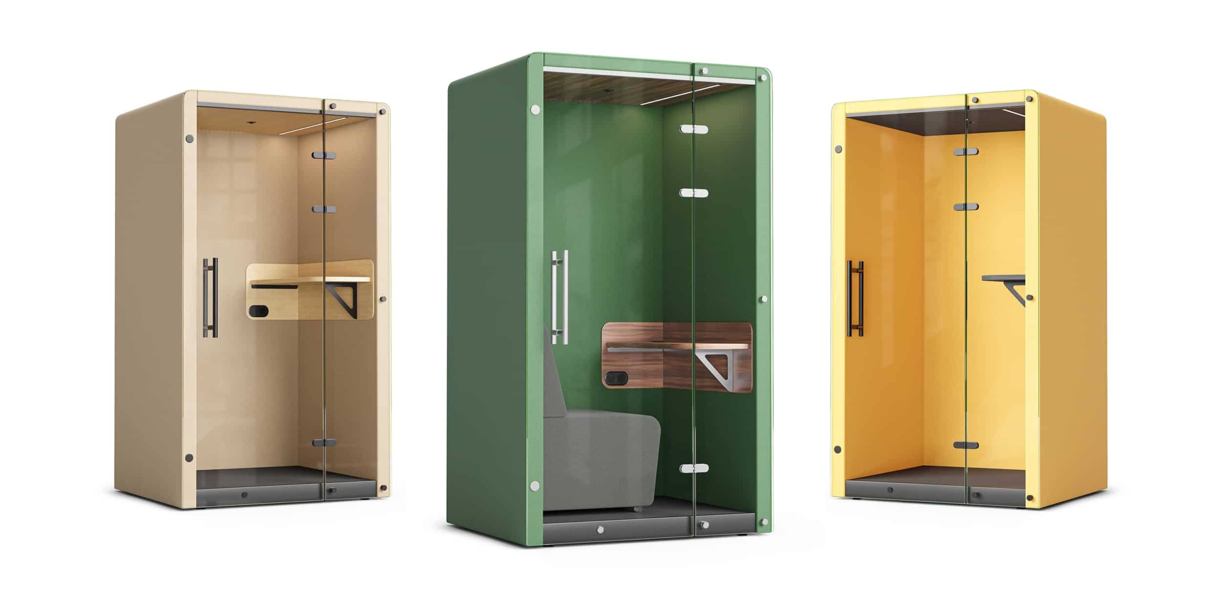 Three yellow, green, and beige booths standing side-by-side.