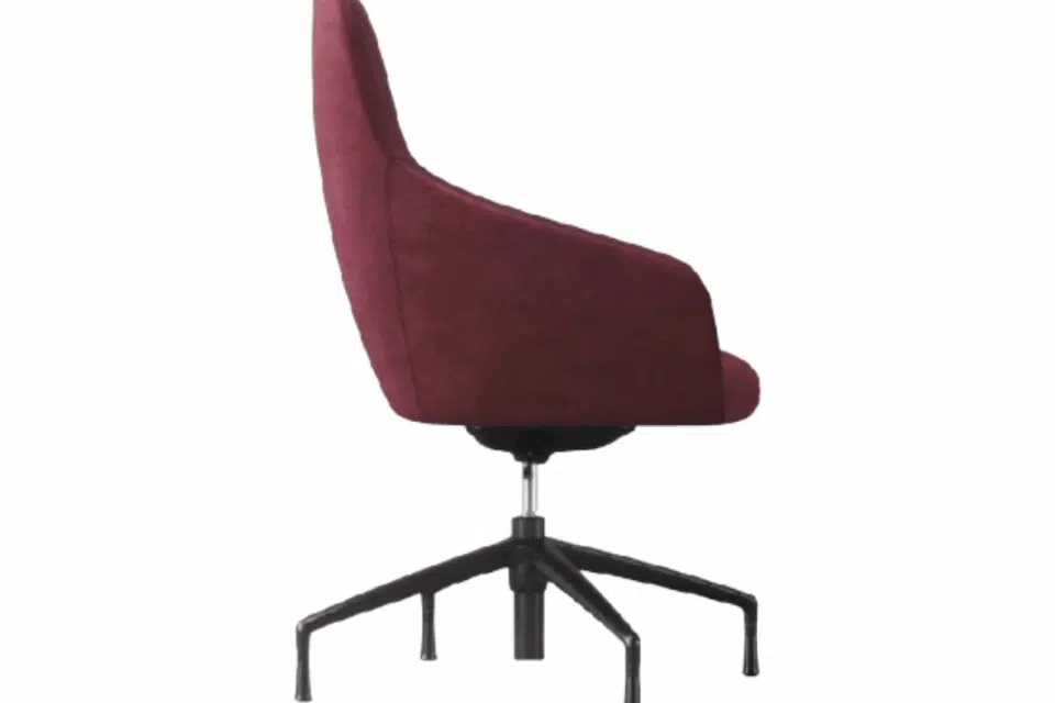 Side profile of the UMA Mid Back executive chair in burgundy with a four-star black swivel base.