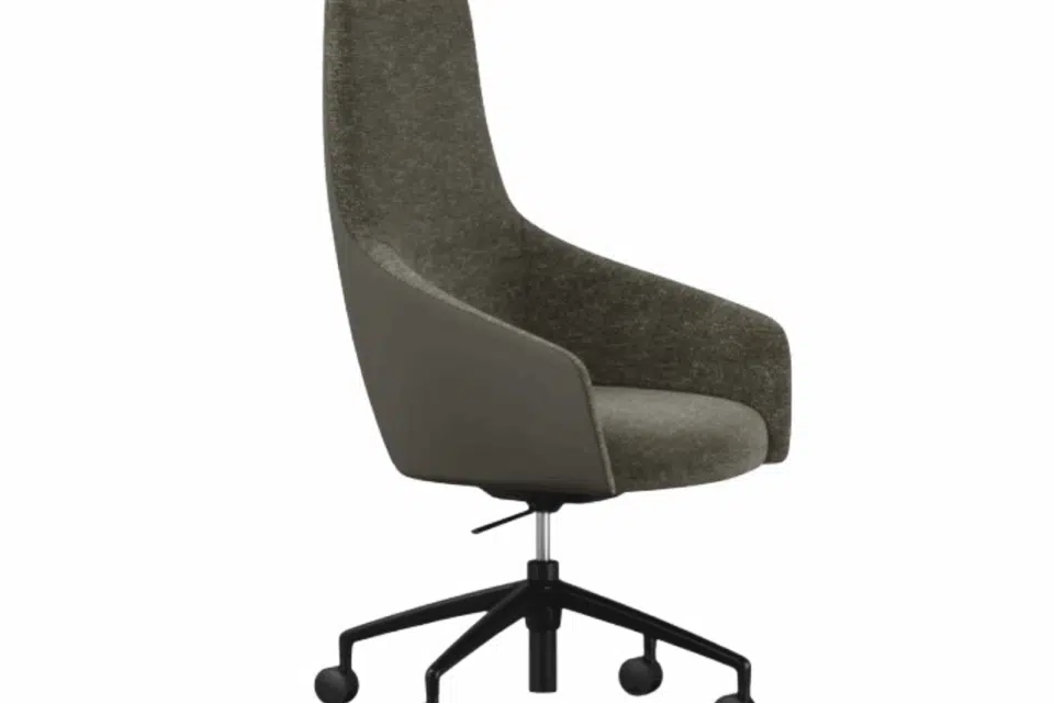 UMA High Back Executive Swivel Chair with two-tone upholstery in olive green fabric and grey leather.