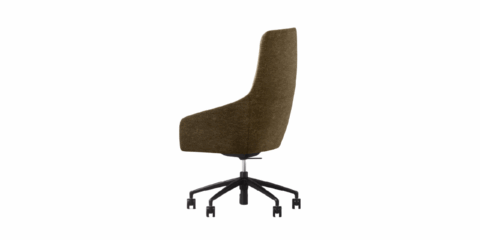 Rear three-quarter view of the UMA High Back executive chair in brown textured fabric on a five-star caster base.
