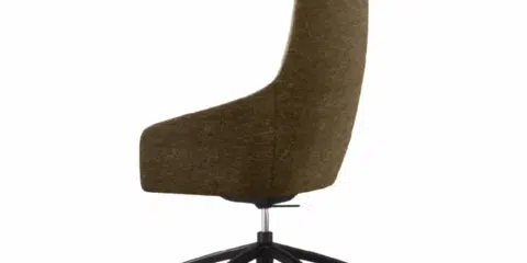 Rear three-quarter view of the UMA High Back executive chair in brown textured fabric on a five-star caster base.