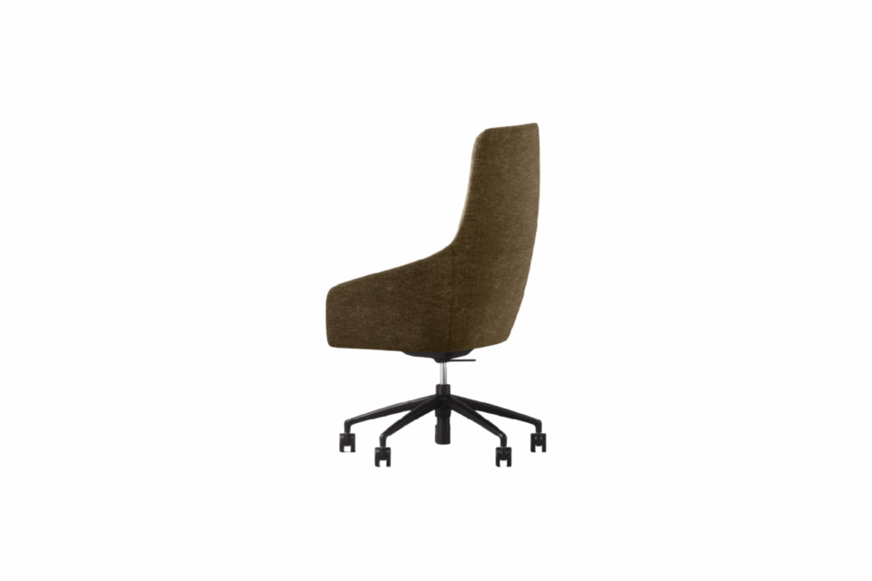 Rear three-quarter view of the UMA High Back executive chair in brown textured fabric on a five-star caster base.