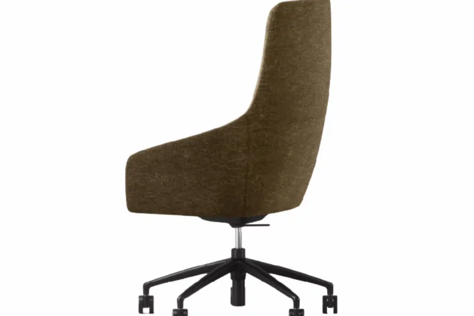 Rear three-quarter view of the UMA High Back executive chair in brown textured fabric on a five-star caster base.