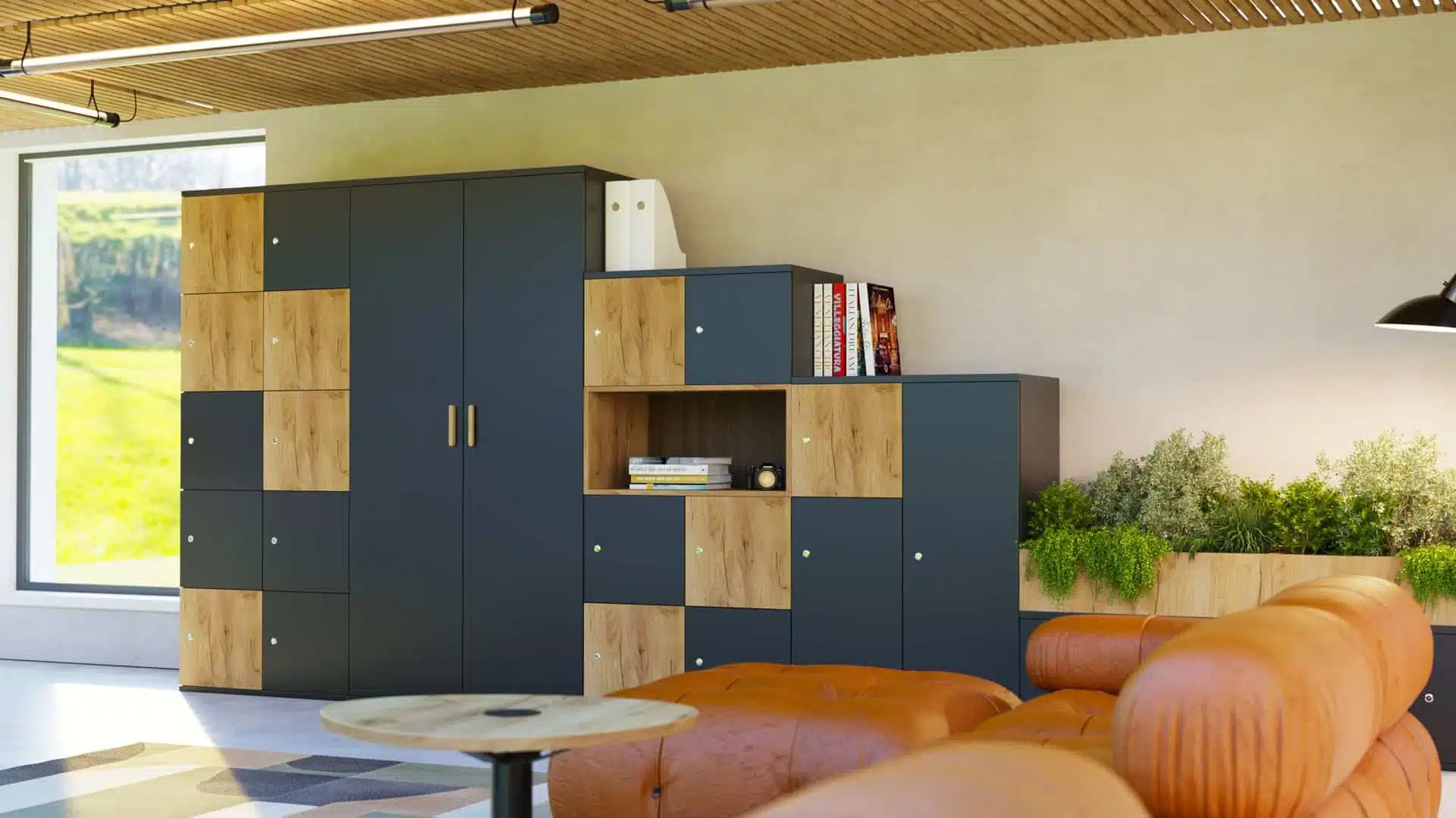 A modern room filled with numerous large, grey modular storage lockers arranged in rows.
