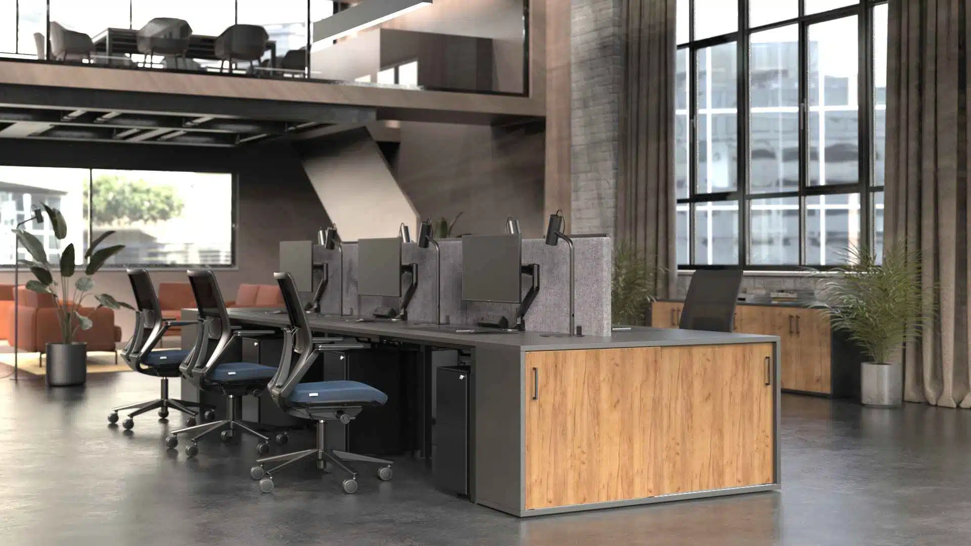 Modern office with SYSTM bench desking, acoustic screens, integrated storage, and a mezzanine level. Large windows reveal a cityscape. Plants add greenery to the space.