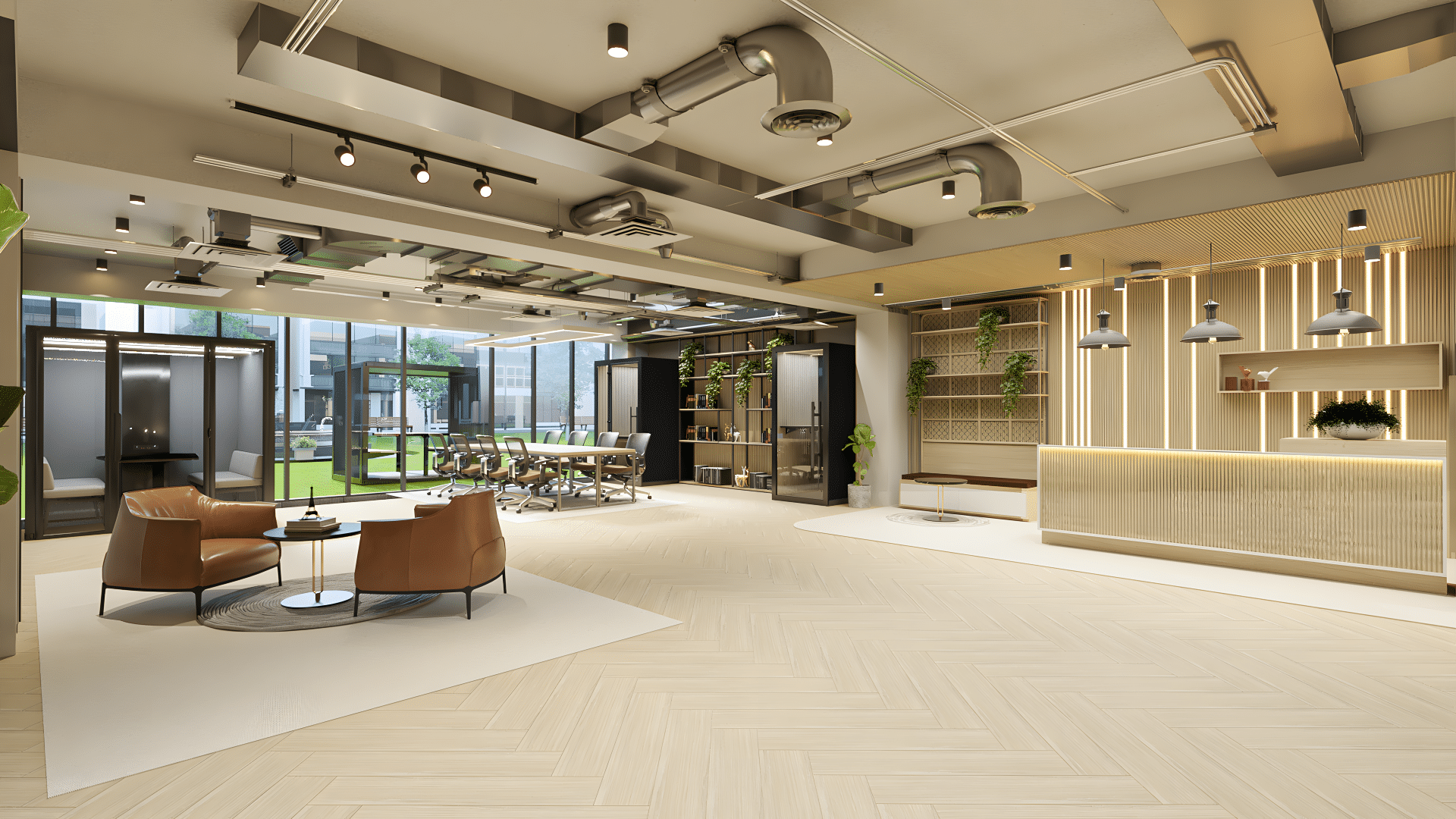 A modern open-plan office featuring a long light-wood communal table with ergonomic chairs and several sleek acoustic indoor work pods in the background.
