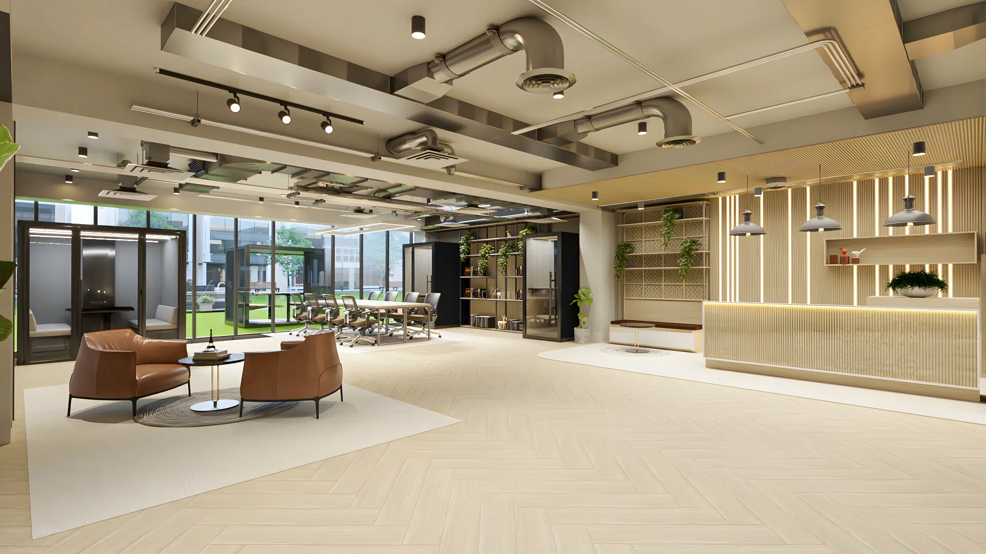 A modern open-plan office featuring a long light-wood communal table with ergonomic chairs and several sleek acoustic indoor work pods in the background.