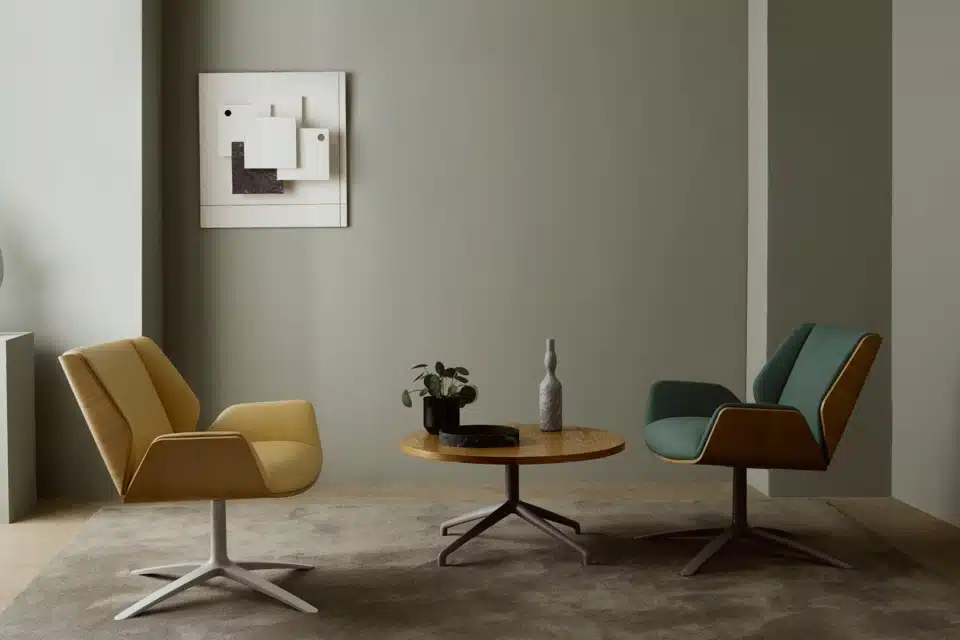 Contemporary Lounge Setting with Two Kruze Swivel Chairs.