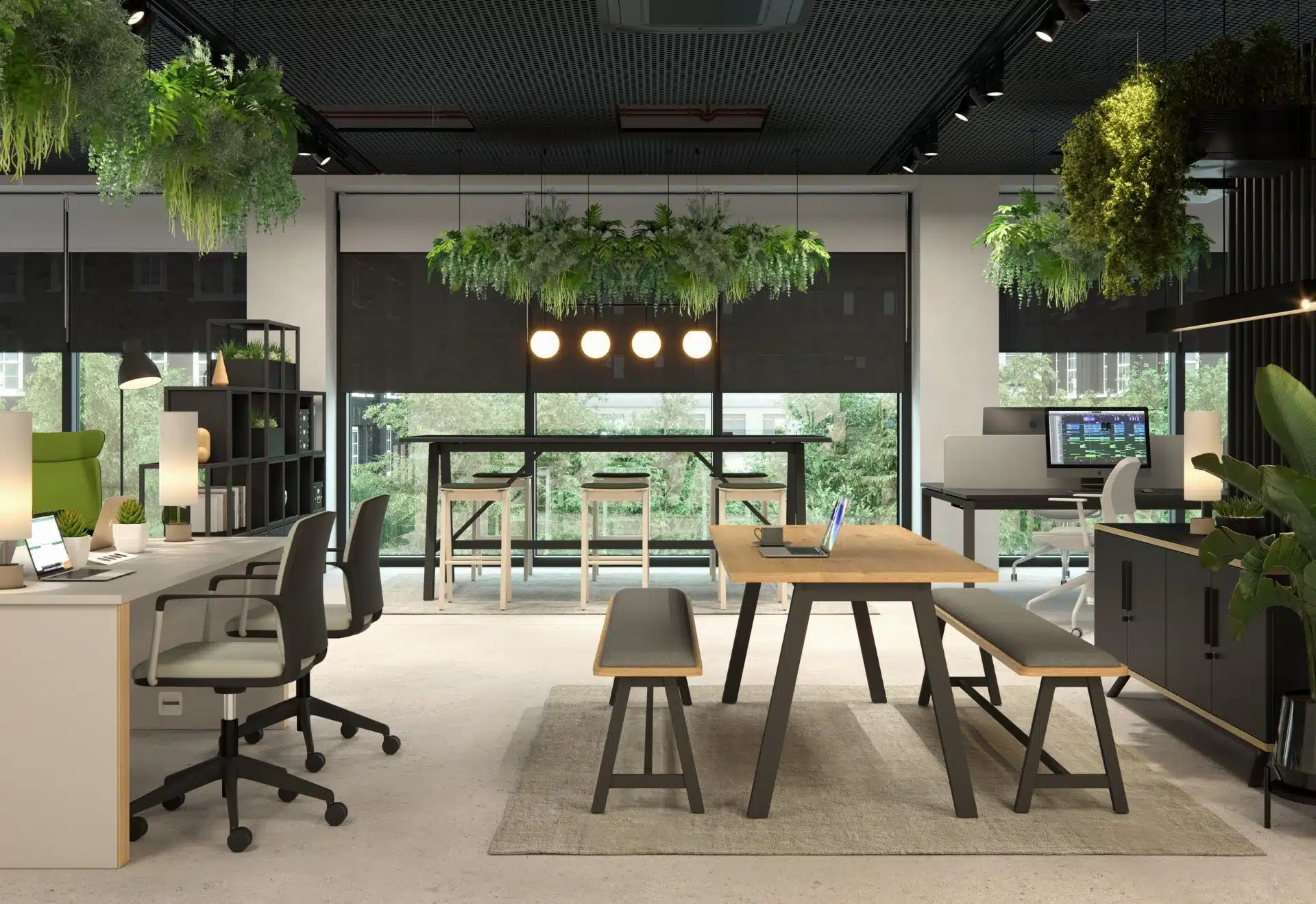 Modern Office Interior with Alto Benches and Biophilic Design.