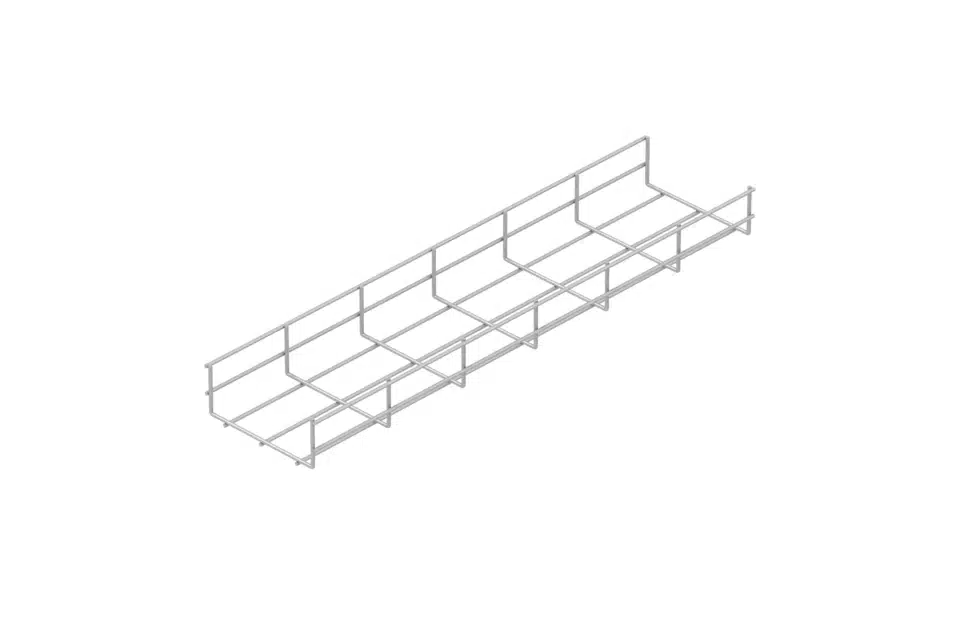 Heavy-duty galvanised steel wire cable management basket.