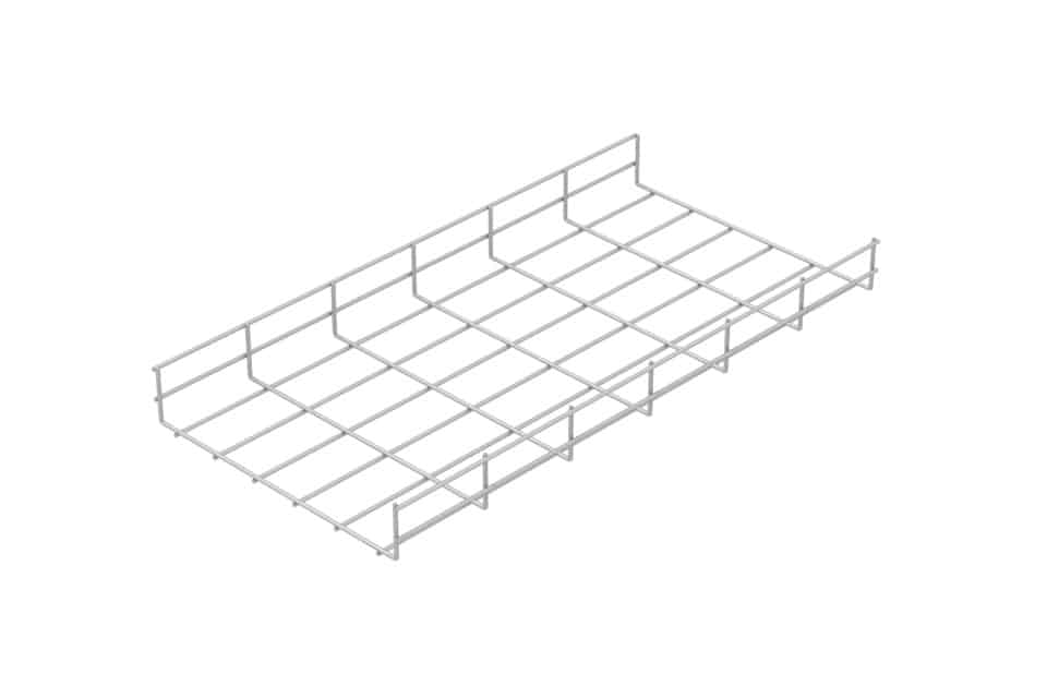 Heavy-duty galvanised steel wire cable management basket.