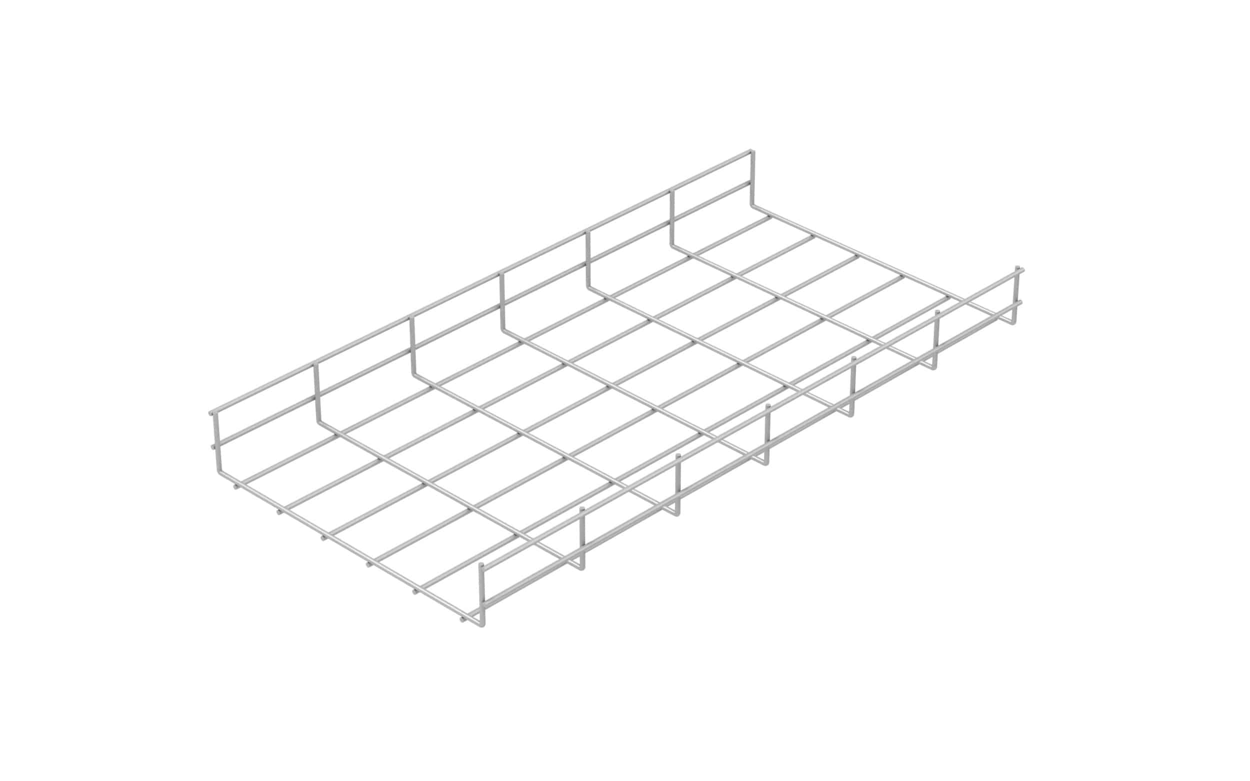 Heavy-duty galvanised steel wire cable management basket.