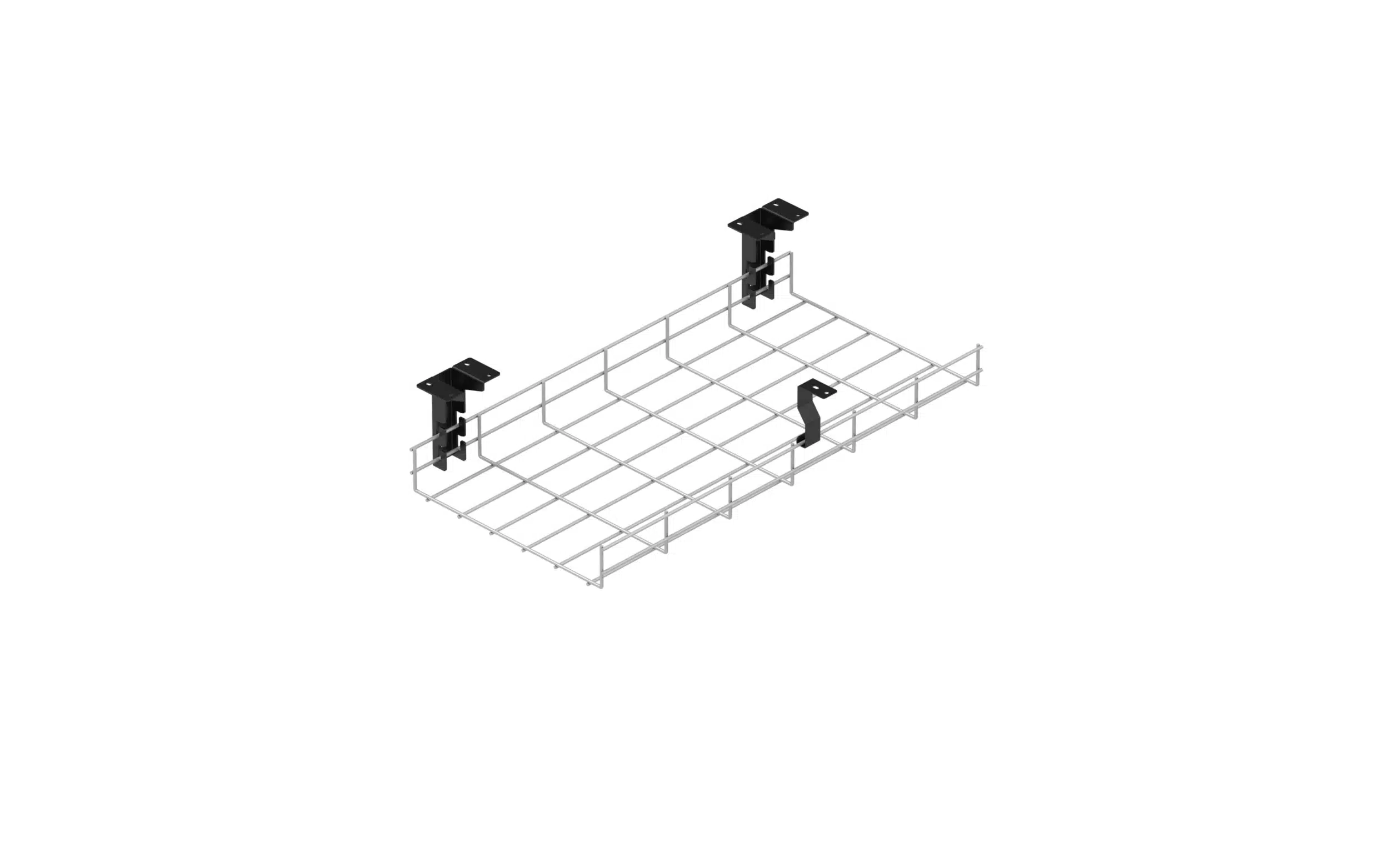 Galvanised steel wire cable management basket with white background.