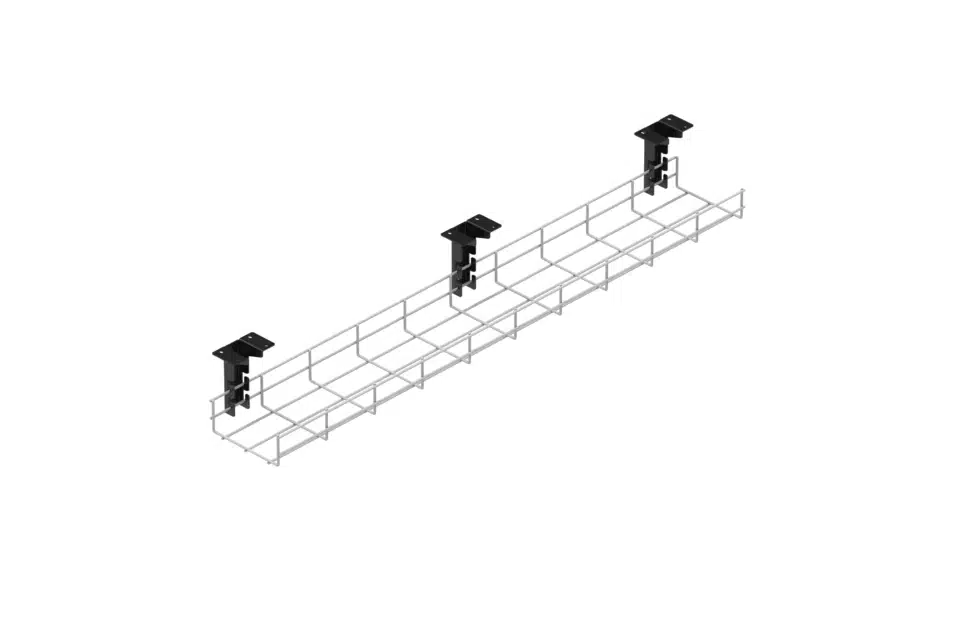 Galvanised steel wire cable management basket on white background.