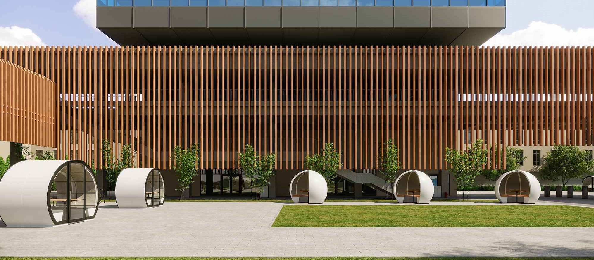 Bring collaboration outside with weatherproof, white Outdoor Orb pods.