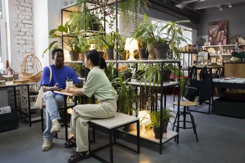 Four people working collaboratively at a light wooden table.