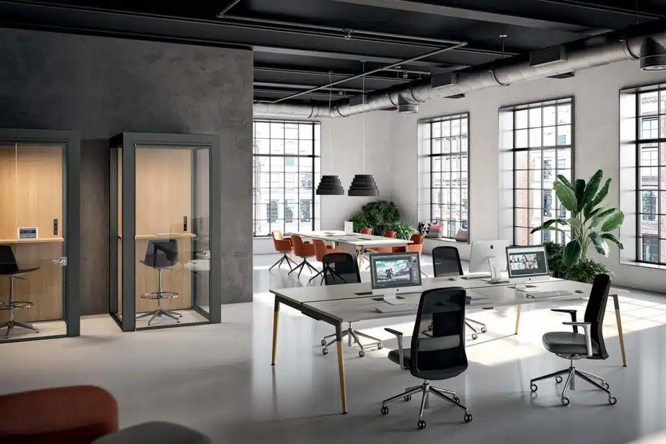 This modern, versatile desk features a light, clean design with conical legs.