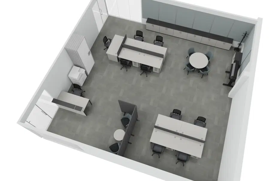 Row of blue plastic canteen chairs and modular wooden school-style desks arranged in a linear office layout.