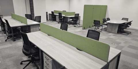 This modern office setup features back-to-back light-wood desks with green privacy screens, ergonomic black-mesh chairs, and grey carpet tiles.