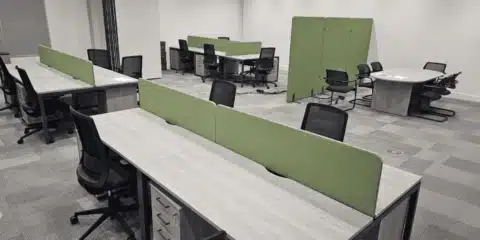 This modern office setup features back-to-back light-wood desks with green privacy screens, ergonomic black-mesh chairs, and grey carpet tiles.