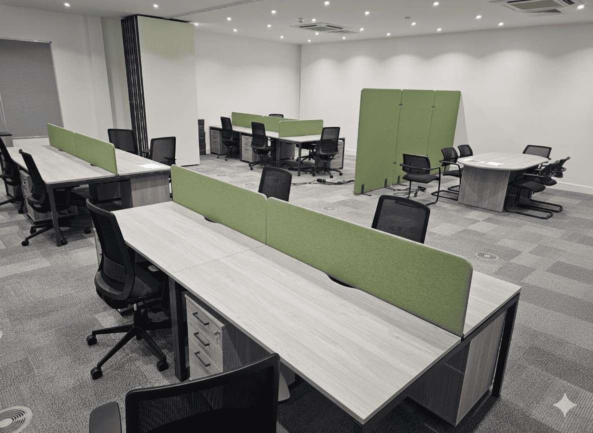 This modern office setup features back-to-back light-wood desks with green privacy screens, ergonomic black-mesh chairs, and grey carpet tiles.