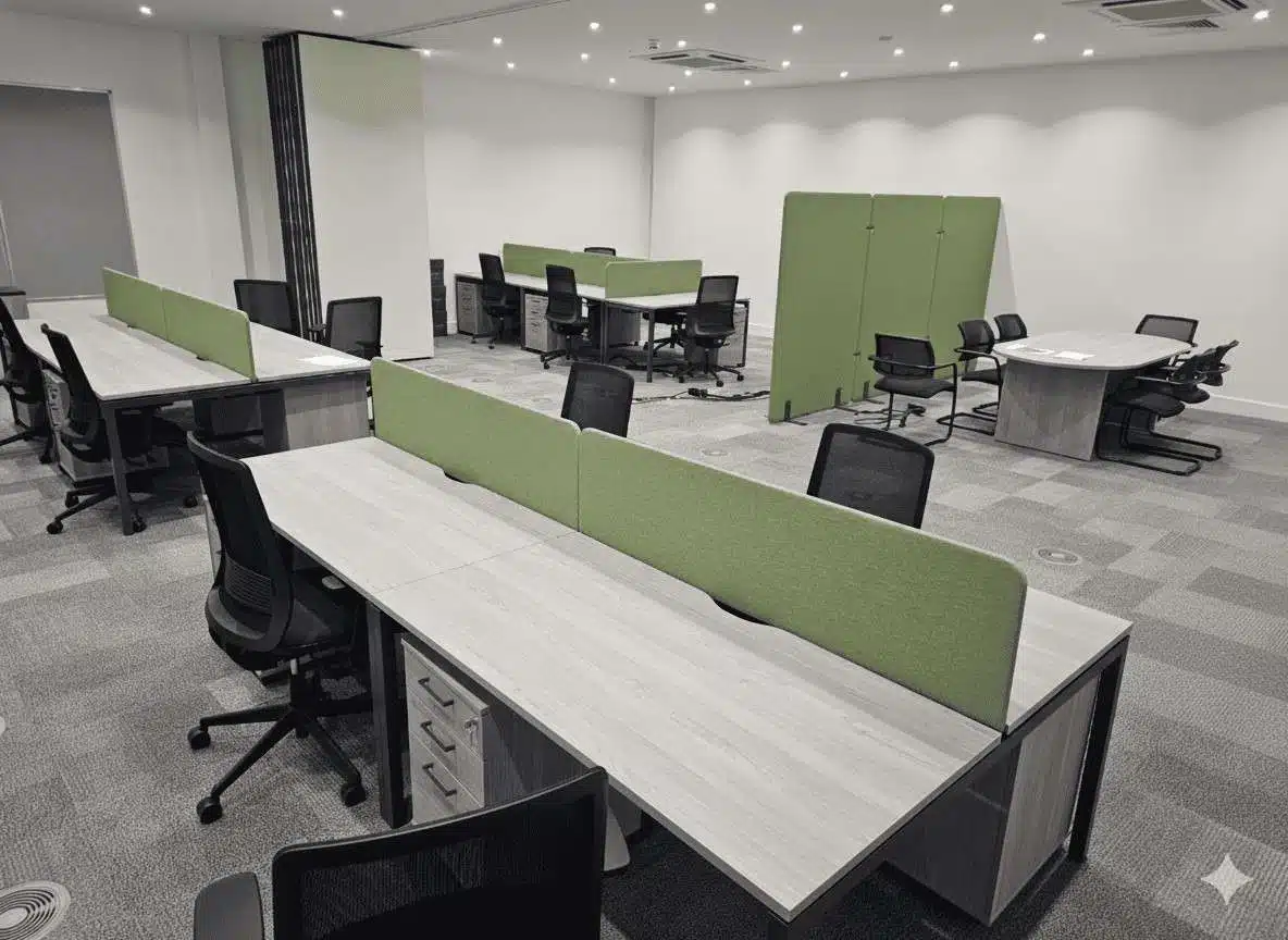 This modern office setup features back-to-back light-wood desks with green privacy screens, ergonomic black-mesh chairs, and grey carpet tiles.