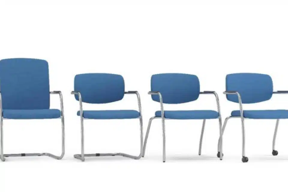 Four blue Narbutas GAMA meeting chairs, each with a different base style.