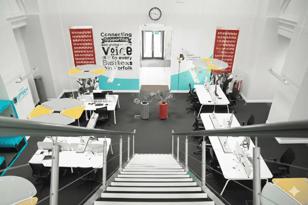High-angle view from a staircase looking down into a modern, open-plan business hub.