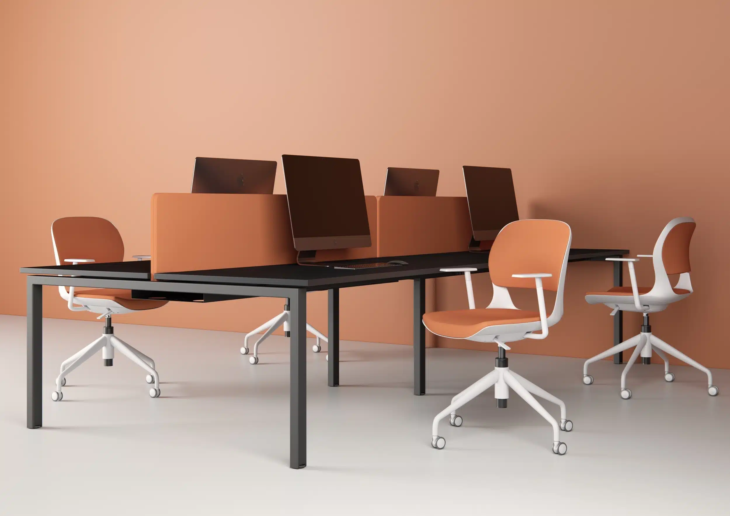 Ace swivel office chairs with orange cushions and white frames are positioned at a long black desk in a modern peach-colored workspace.