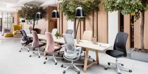 A variety of HÅG SoFi ergonomic chairs in pastel pink, grey, and black arranged around a long wooden communal table in a bright office with indoor trees and wood-slat walls.