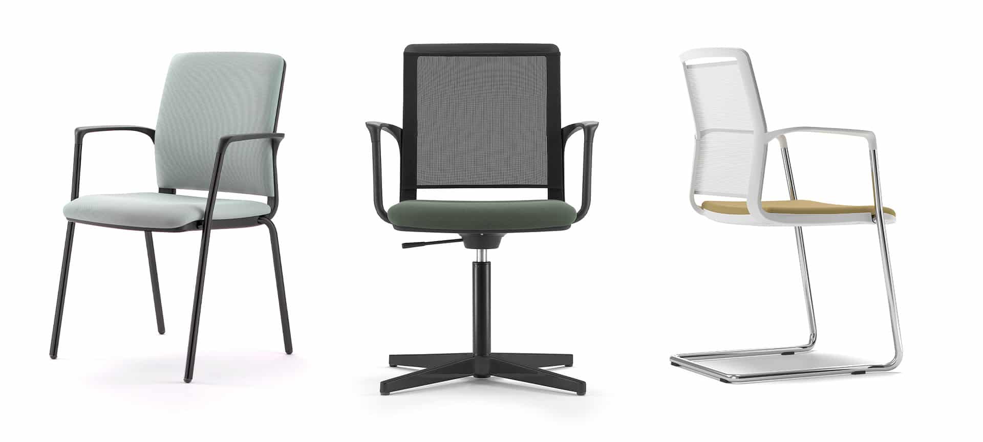 Three variations of a modern office meeting chair shown side-by-side: a four-legged fabric version in light blue, a swivel mesh version in dark green, and a white cantilever mesh version with a tan seat.